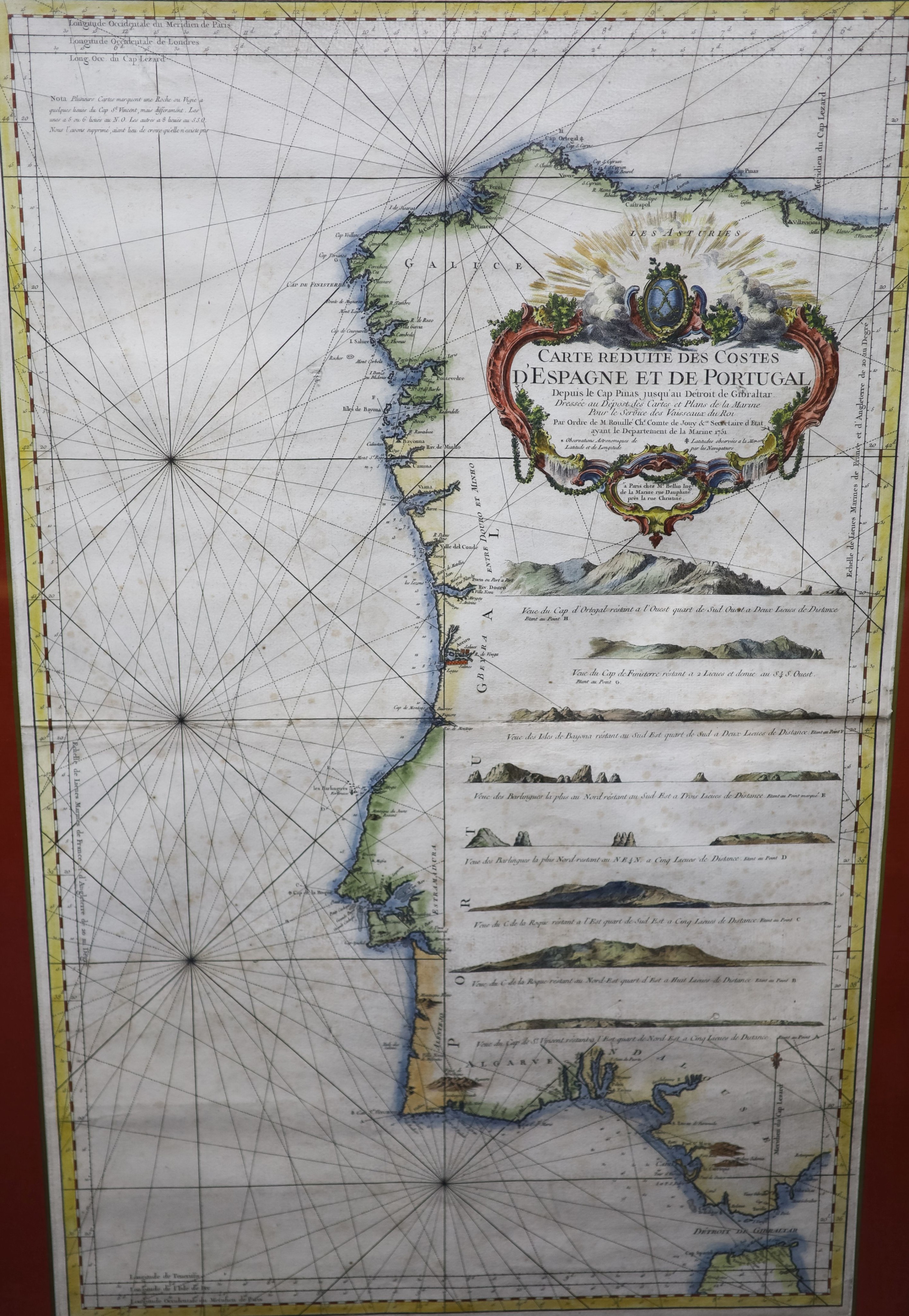 A mid 18th century French coloured engraved map of the Coasts of Spain and Portugal by Bellin, 1751, 91 x 57cm and two later maps of South America and Turkey and Europe